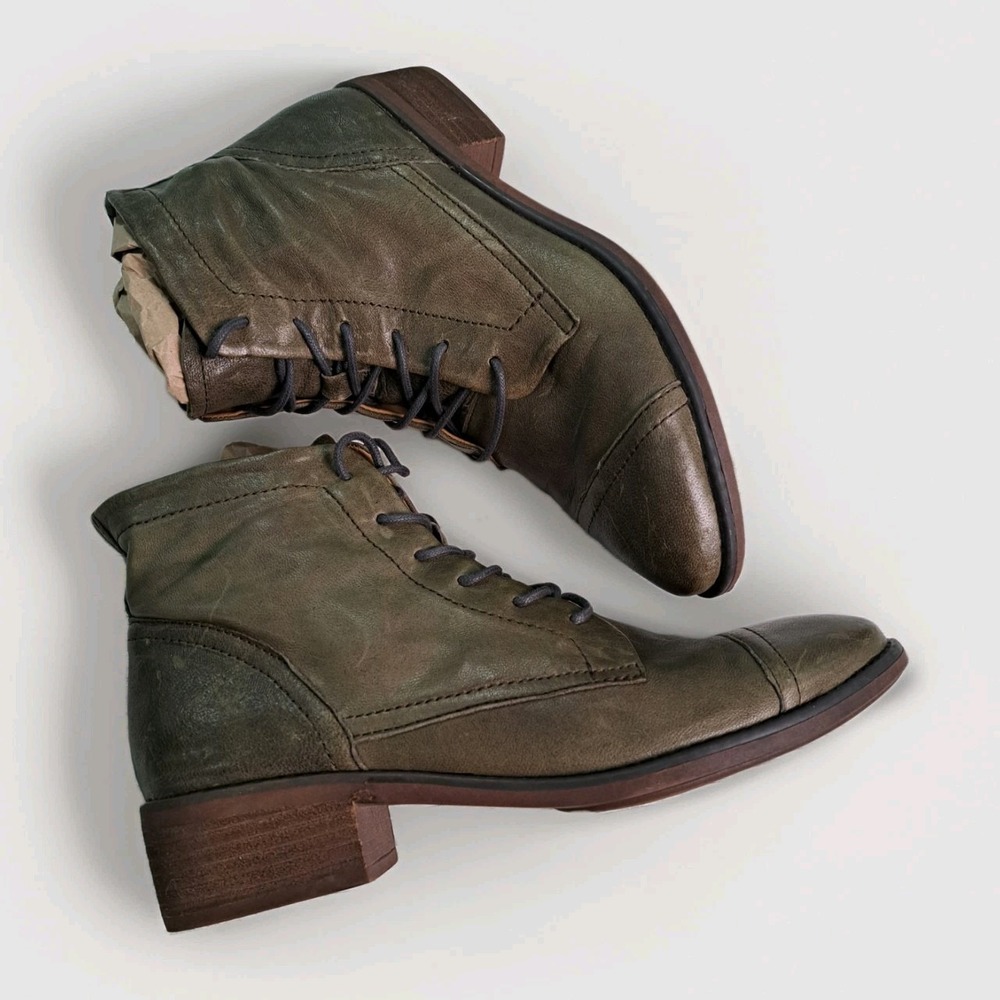 Comfortiva Cordia Leather Lace Up Side Zip Ankle Boots Olive Green 8.5 M